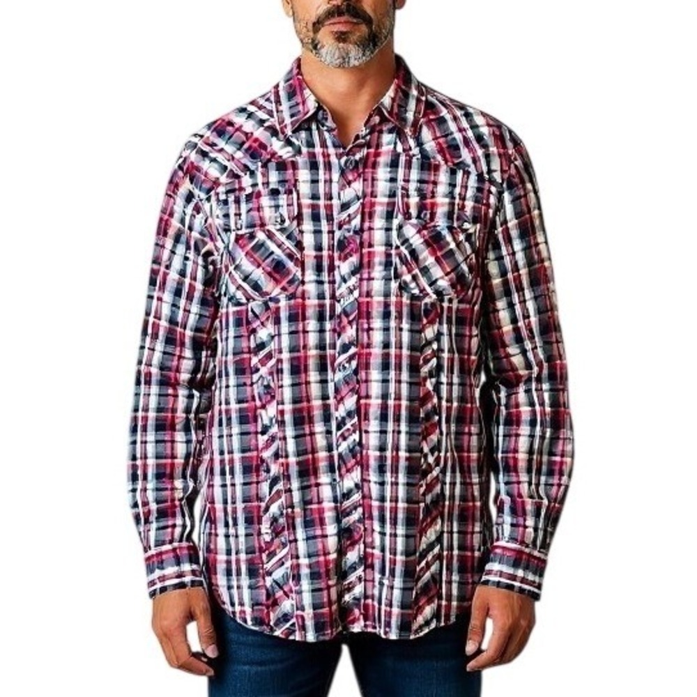 Red Snap Mens Plaid Long Sleeve Button Shirt Red Black White XL Cotton Western